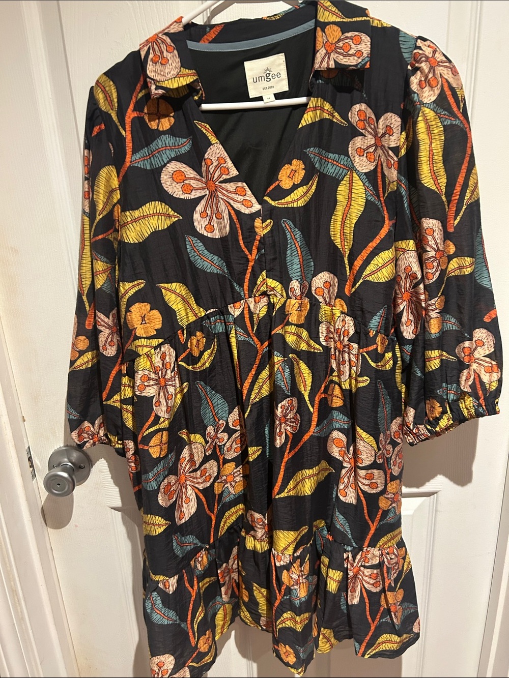 Umgee Black Floral Mini Dress with Yellow & Blue Botanical Print